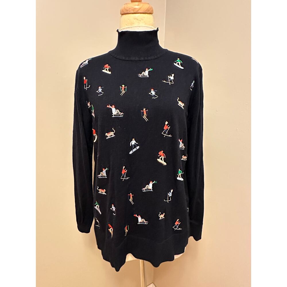 Vilagallo Skier Embroidery Navy Jumper Mock Neck Sweater Navy Blue Sz Medium